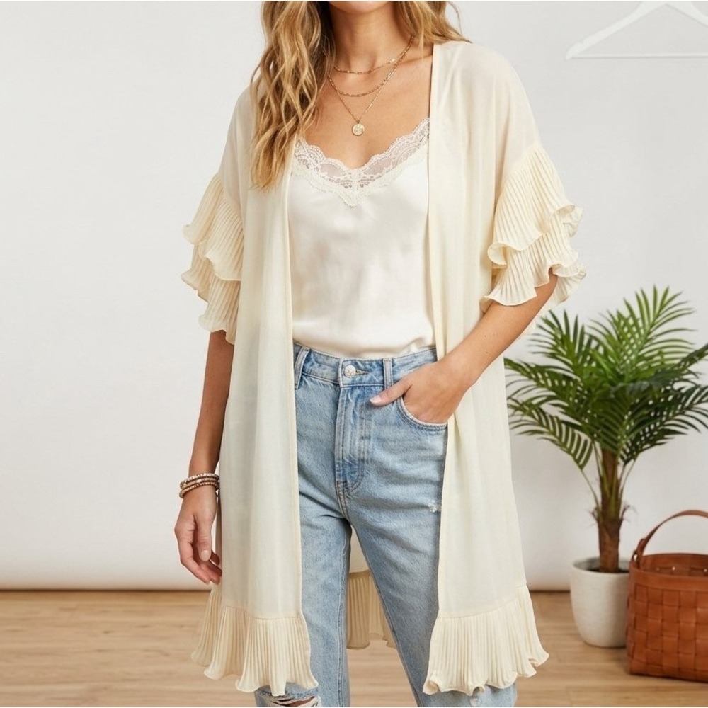 EASEL Idaho Open Front Ruffle Cardigan S Whimsical Fairycore Boho Kimono Cream